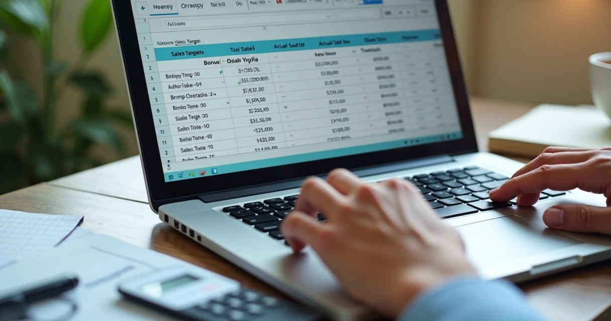 Pessoa calculando bonificação em planilha no notebook 