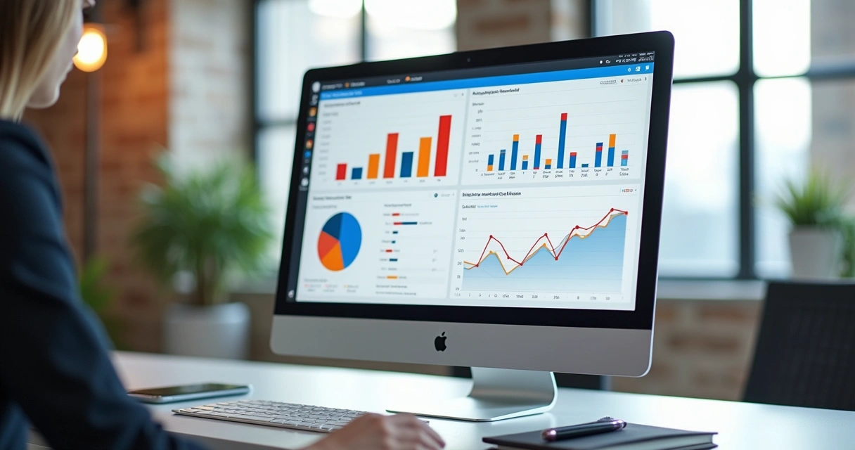 Tela de computador mostrando gráficos de desempenho e cálculos de custo de aquisição em plataforma de marketing 