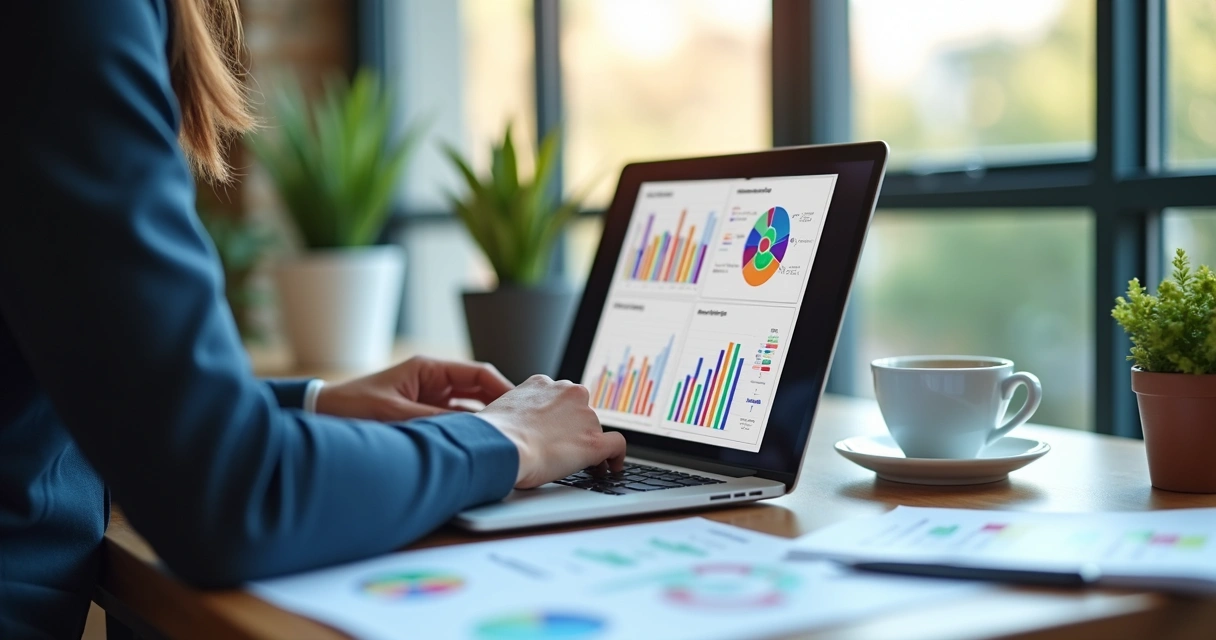 Pessoa calculando custo de aquisição de clientes em laptop com gráficos e planilhas ao redor 