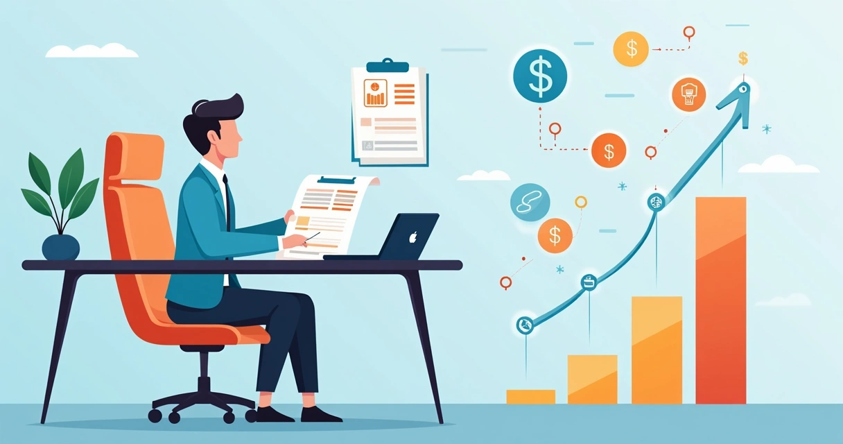 Pessoa calculando em uma mesa, com notas, calculadora e folhas 