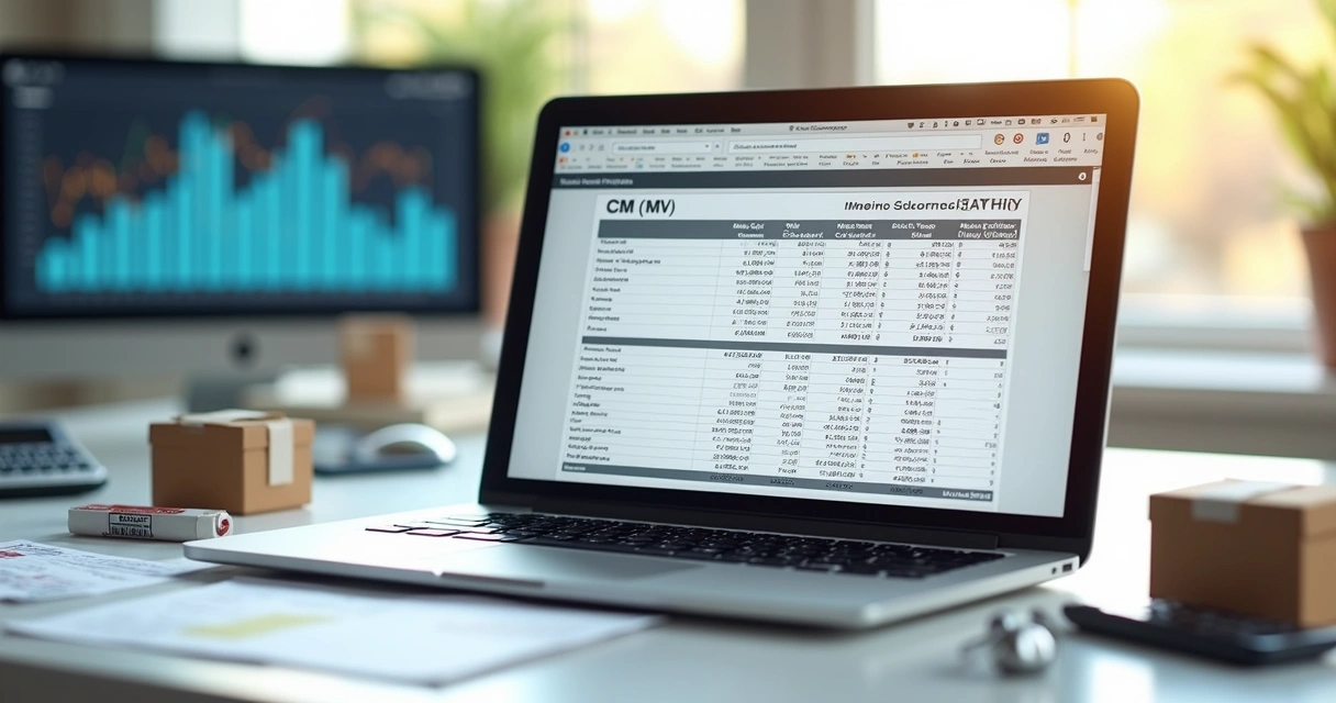 Computador com planilha de cálculo de CMV aberta e gráficos financeiros ao fundo