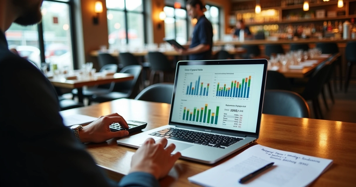 Gestor de restaurante calculando CMV em laptop com planilhas e gráficos 
