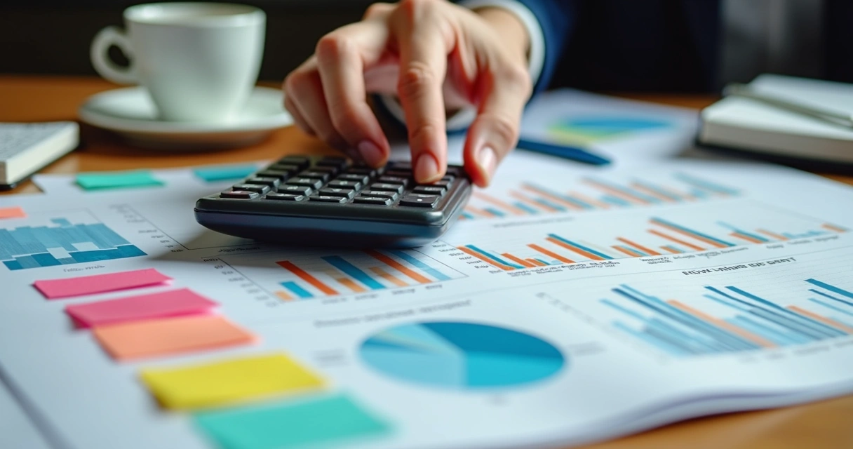 Mão apontando para uma planilha de cálculo de comissões de vendas, cercada por papéis coloridos e gráficos de desempenho