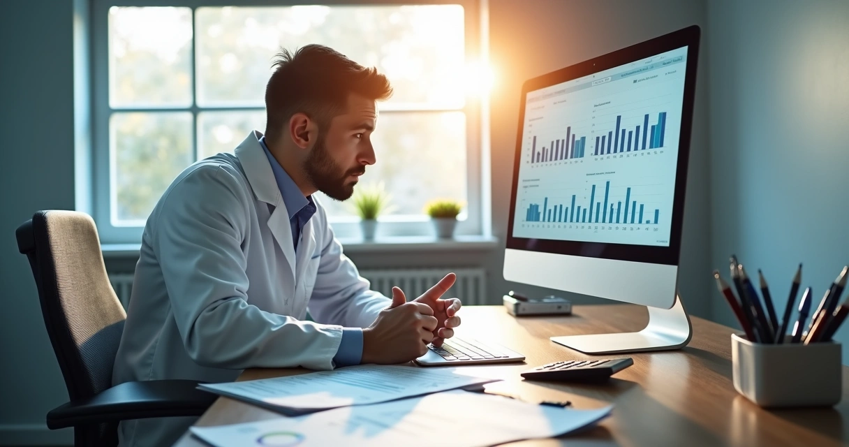 Dentista analisando gráficos financeiros ao lado de computadores