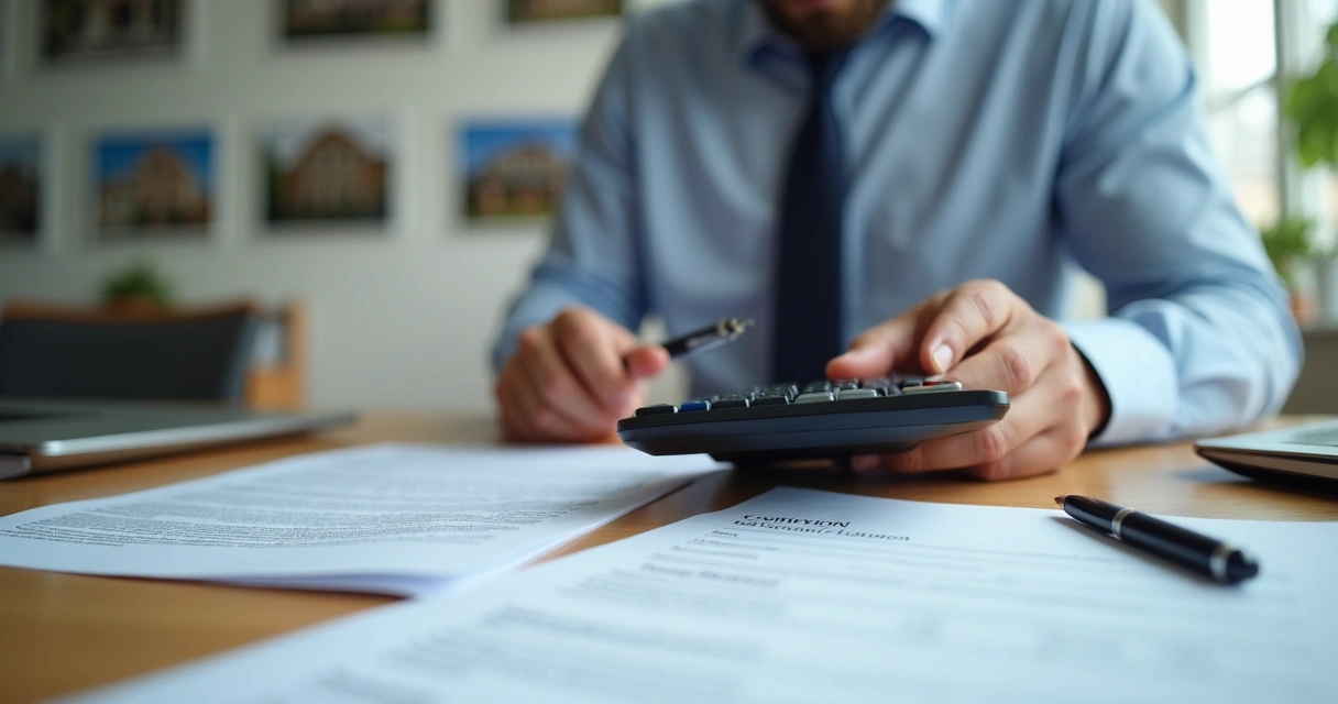 Corretor calculando comissão imobiliária em contrato 