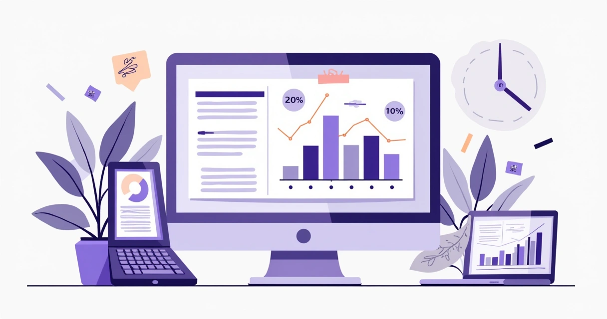 Planilhas, calculadora e gráfico de pizza mostrando porcentagens de comissão de SaaS. Design limpo em branco, roxo e azul. 