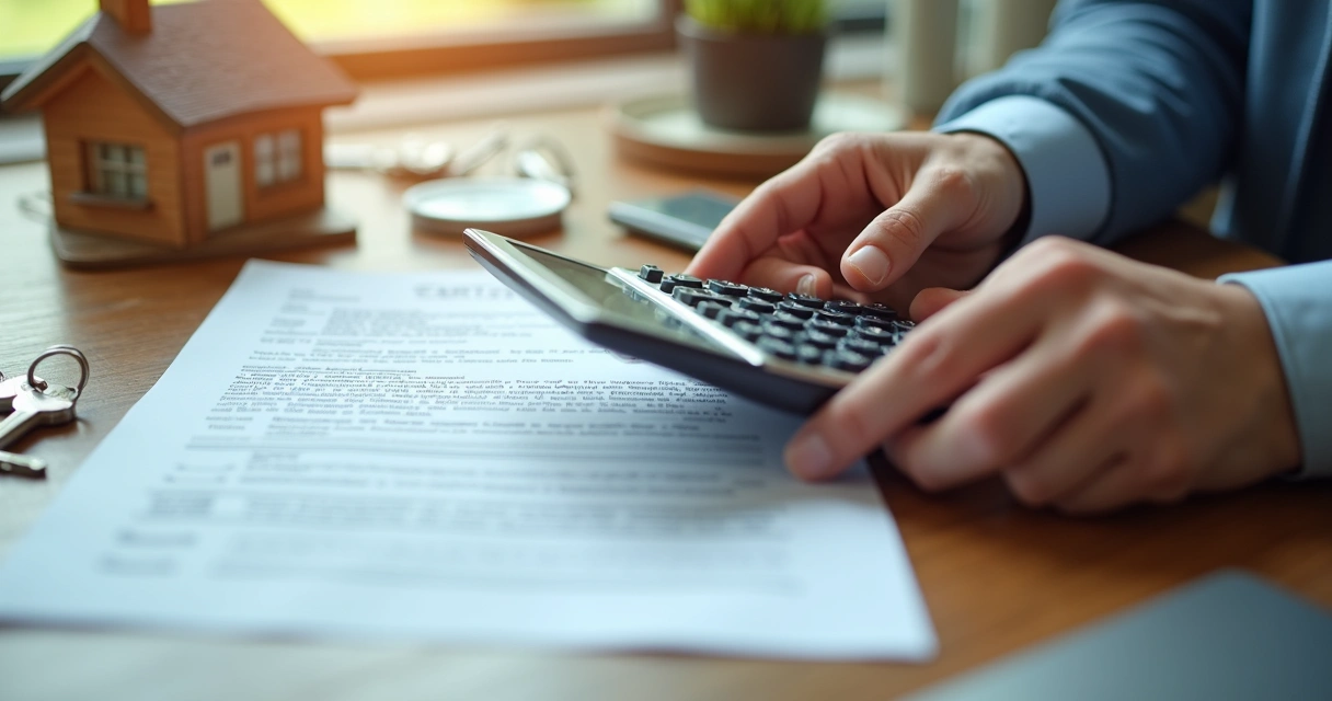 Mãos segurando contrato e calculadora perto de chave de imóvel 