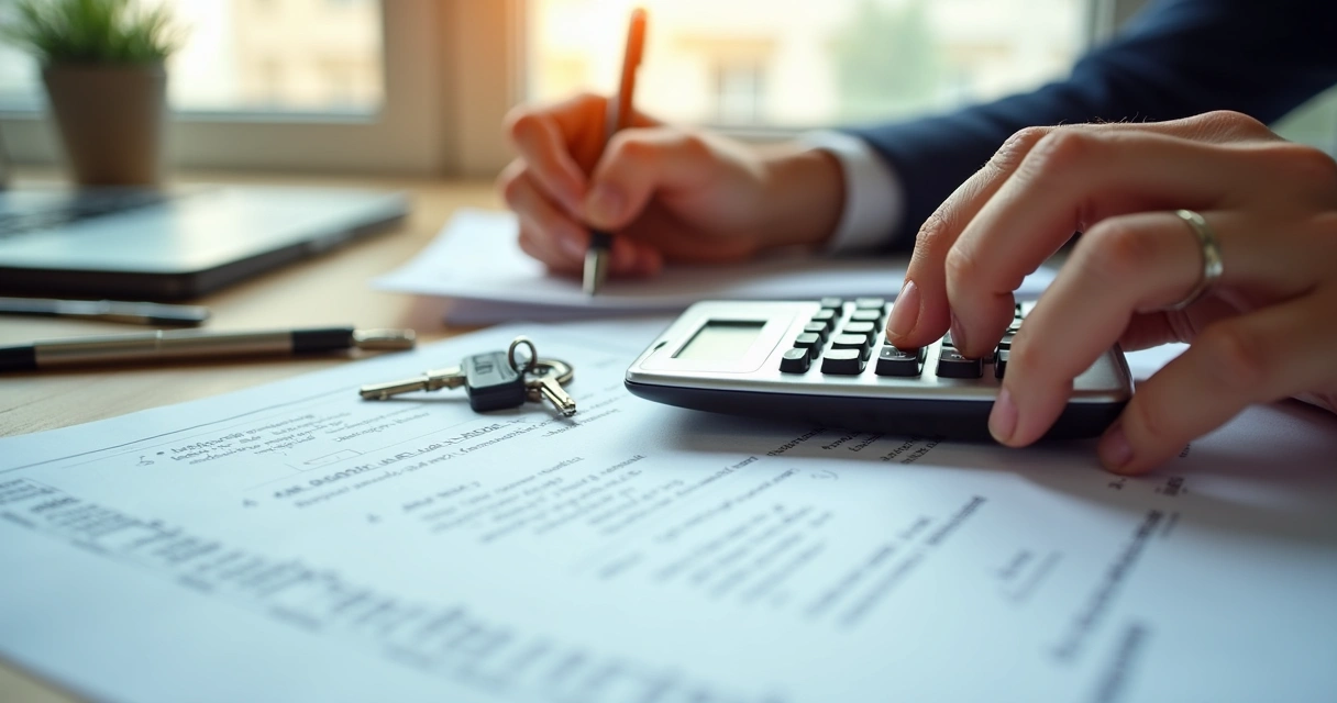 Cálculo manual do reajuste do aluguel em papel, usando calculadora e caneta ao lado de contrato