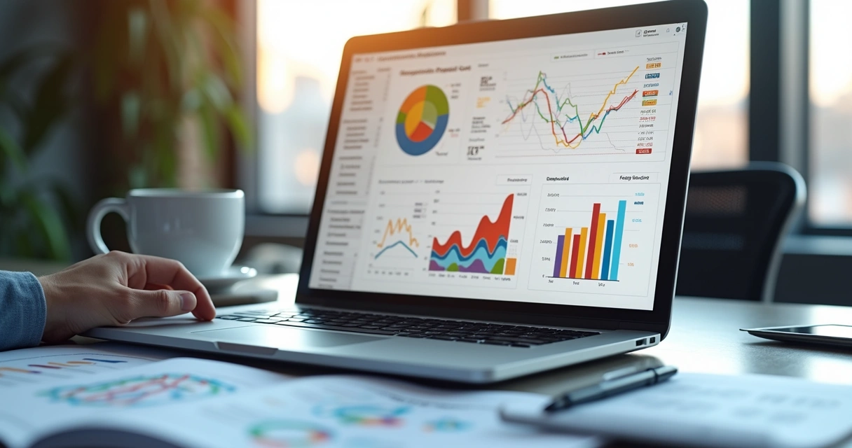 Computador exibindo gráficos financeiros e dados de CRM para cálculo do custo de aquisição de clientes 