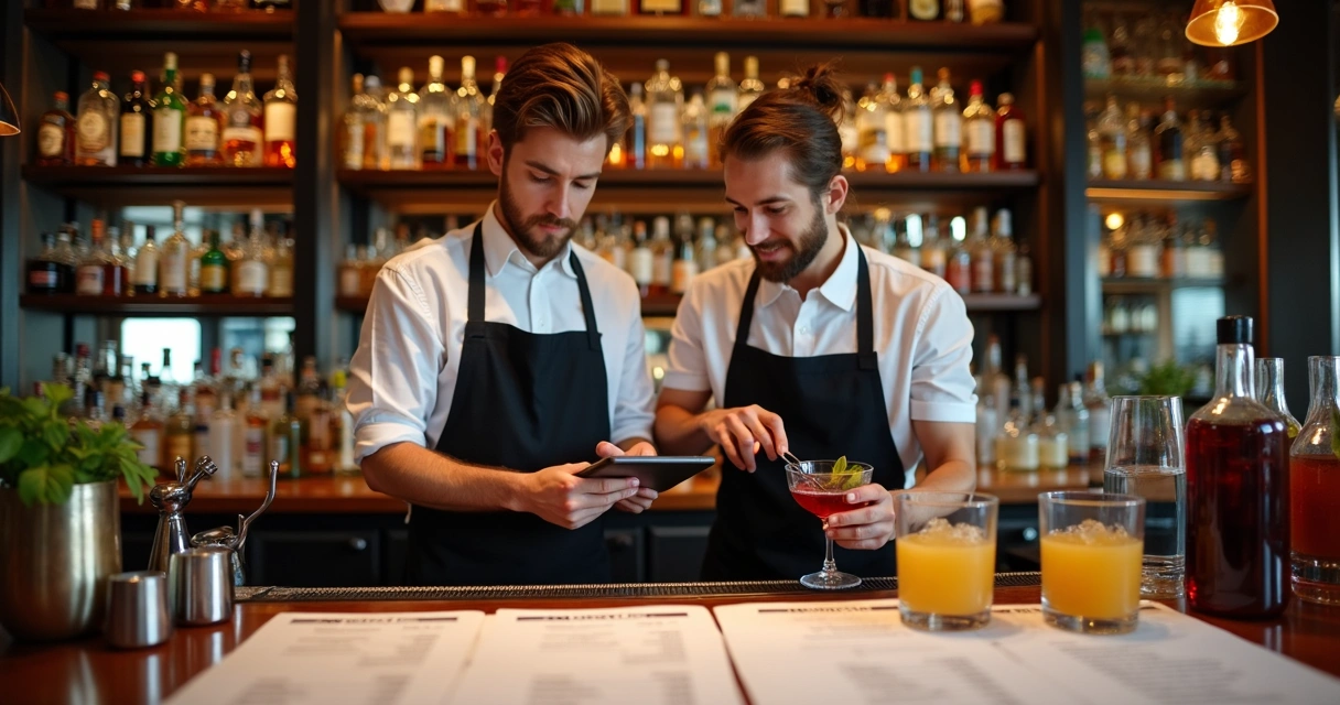 Dois bartenders calculando custo de drink no bar usando tablet e ingredientes 