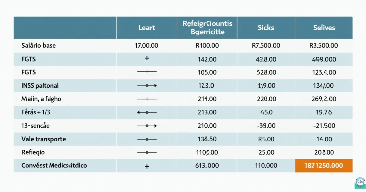 Planilha de cálculo do custo de um funcionário mostrando salário, encargos, benefícios e custo total 