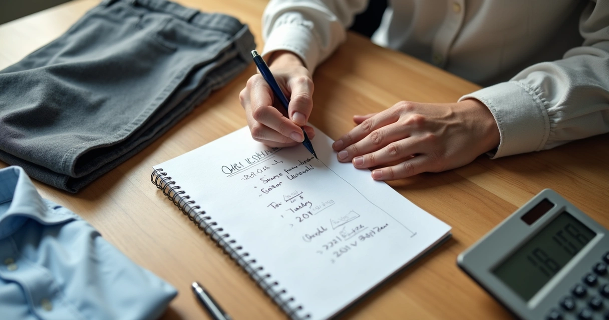 Pessoa calculando custo por uso de roupas com cadernos e peças de roupa sobre mesa de madeira clara 
