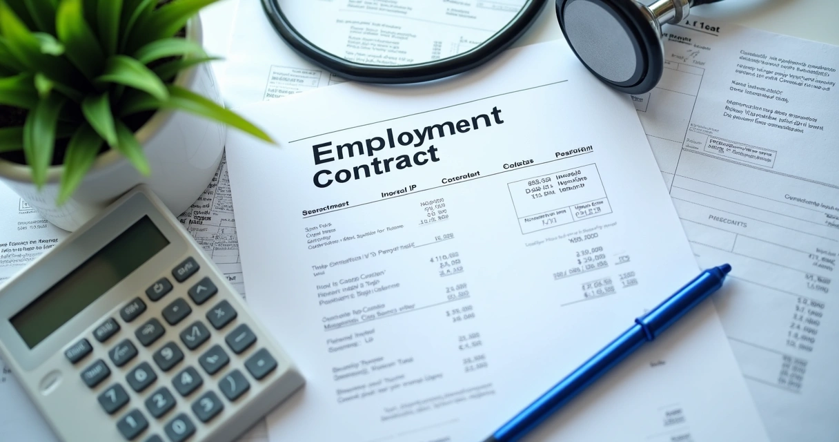 Calculadora e holerite sobre mesa de escritório clínica