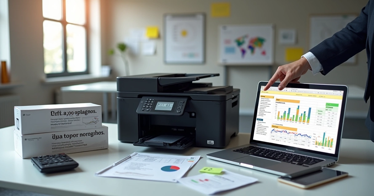 Gestor calculando custo por página com toner e planilha na tela 