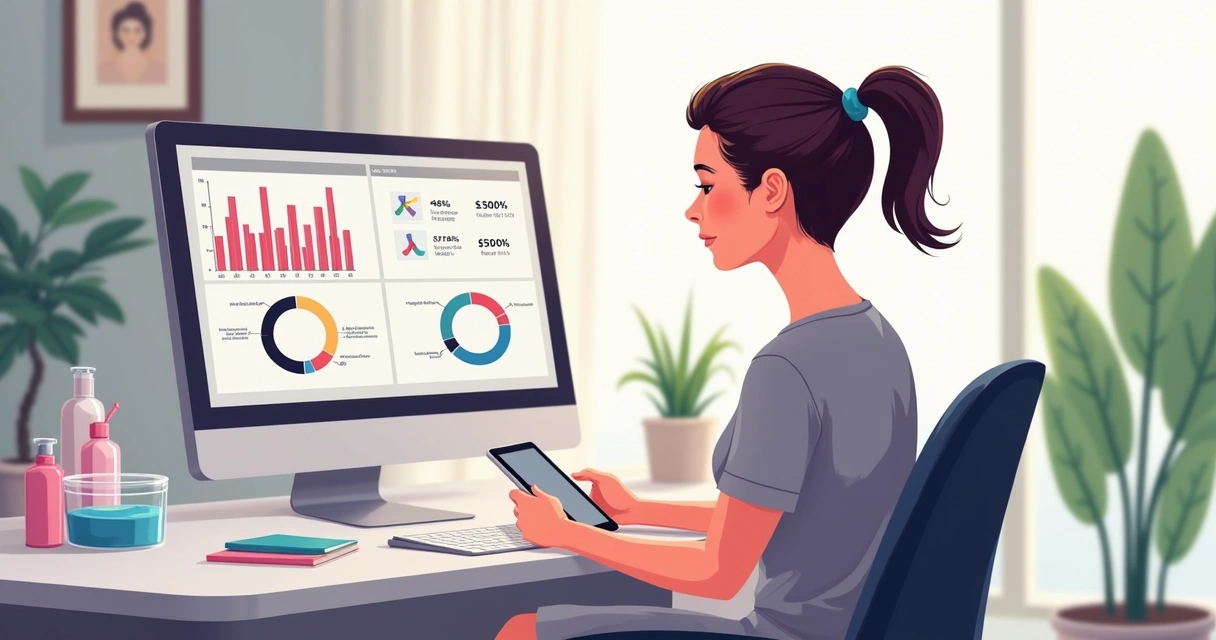 Profissional analisando gráficos de custos em tela digital ao lado de produtos de depilação 