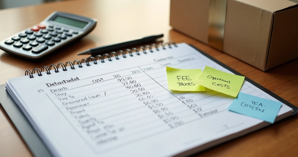 Lista de custos detalhados em um bloco de notas ao lado de uma calculadora de mesa e caixa de papelão