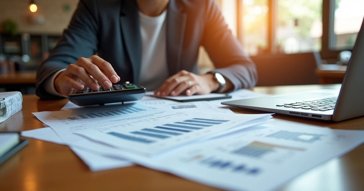 Pessoa calculando custos com documentos de restaurante 