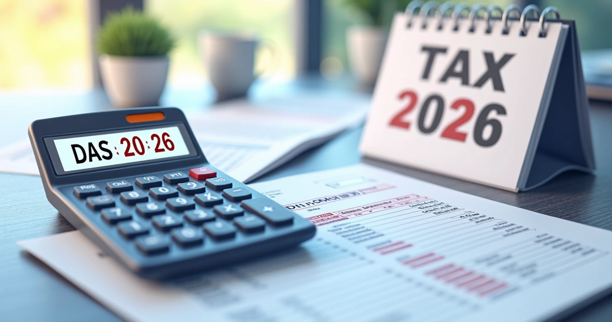 Cálculo do DAS do MEI com documentos fiscais ao fundo.