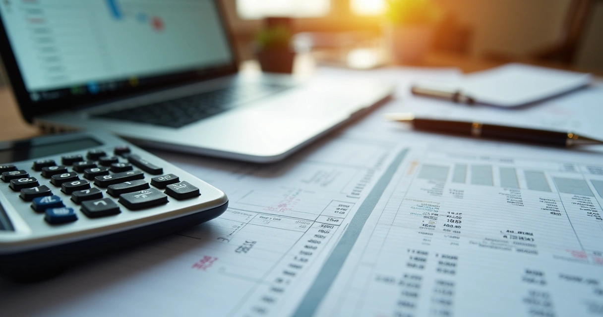 Calculadora, planilha financeira e notebook com cálculo de impostos