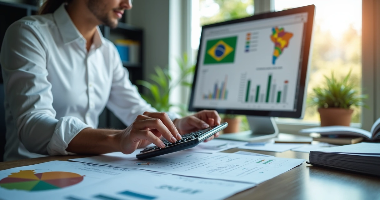 Profissional de BPO financeiro trabalhando com planilha e calculadora na frente do computador para calcular DIFAL, com gráficos e documentos fiscais ao redor 