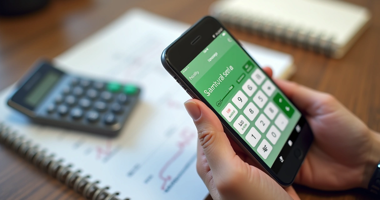 Pessoa calcula economia mensal usando app financeiro 