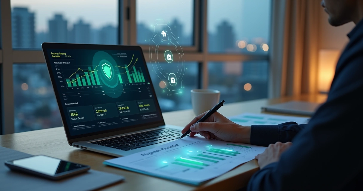 Pessoa apontando gráfico em tela com escudo de proteção digital e ícones de seguro ao redor 