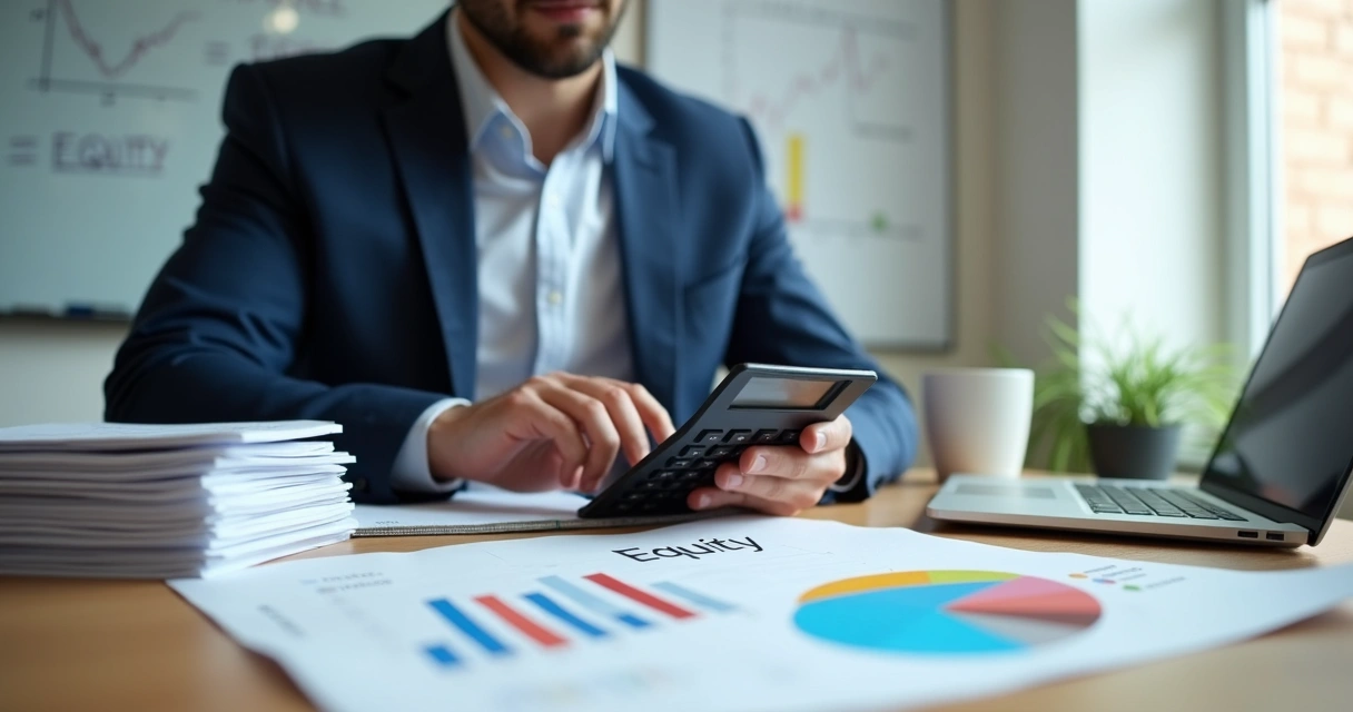 Empresário fazendo cálculo de equity com calculadora e gráficos