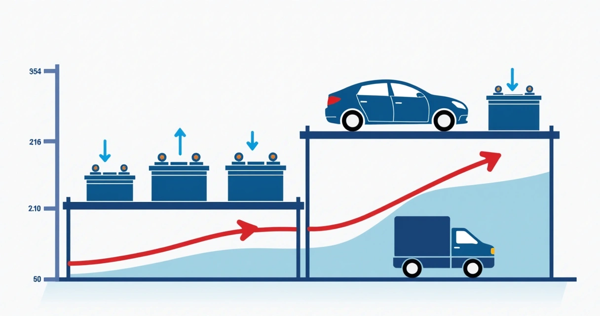 Gráfico de cálculo de estoque mínimo com baterias automotivas, prateleira e linha de tempo