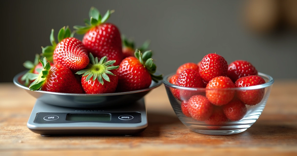 Morangos frescos sobre uma balança de cozinha, ao lado de morangos já limpos em um pote transparente. 