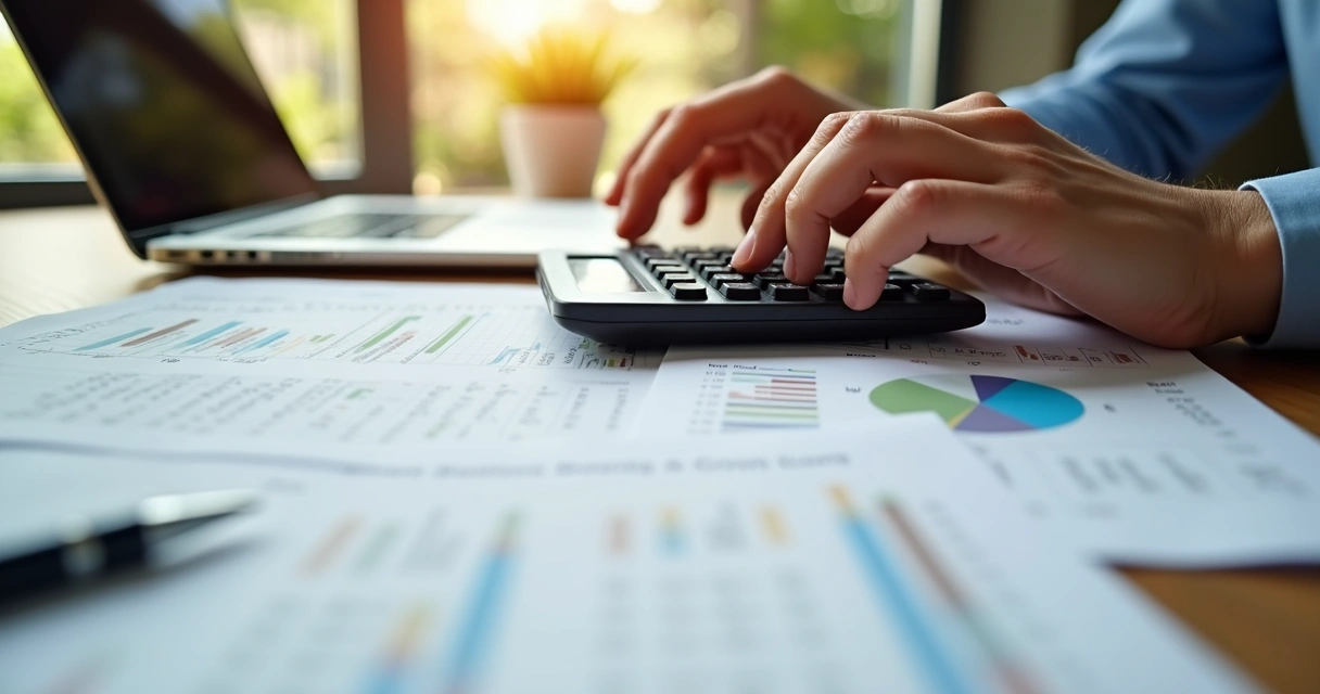 Pessoa calculando férias e 13º salário com calculadora e documentos financeiros na mesa 