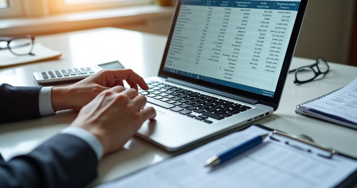 Cálculo de férias proporcionais em planilha digital com calculadora e documentos de trabalho ao lado 