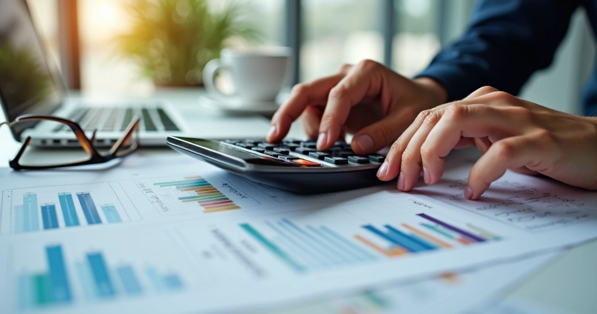 Mãos fazendo cálculo financeiro com planilha e calculadora 