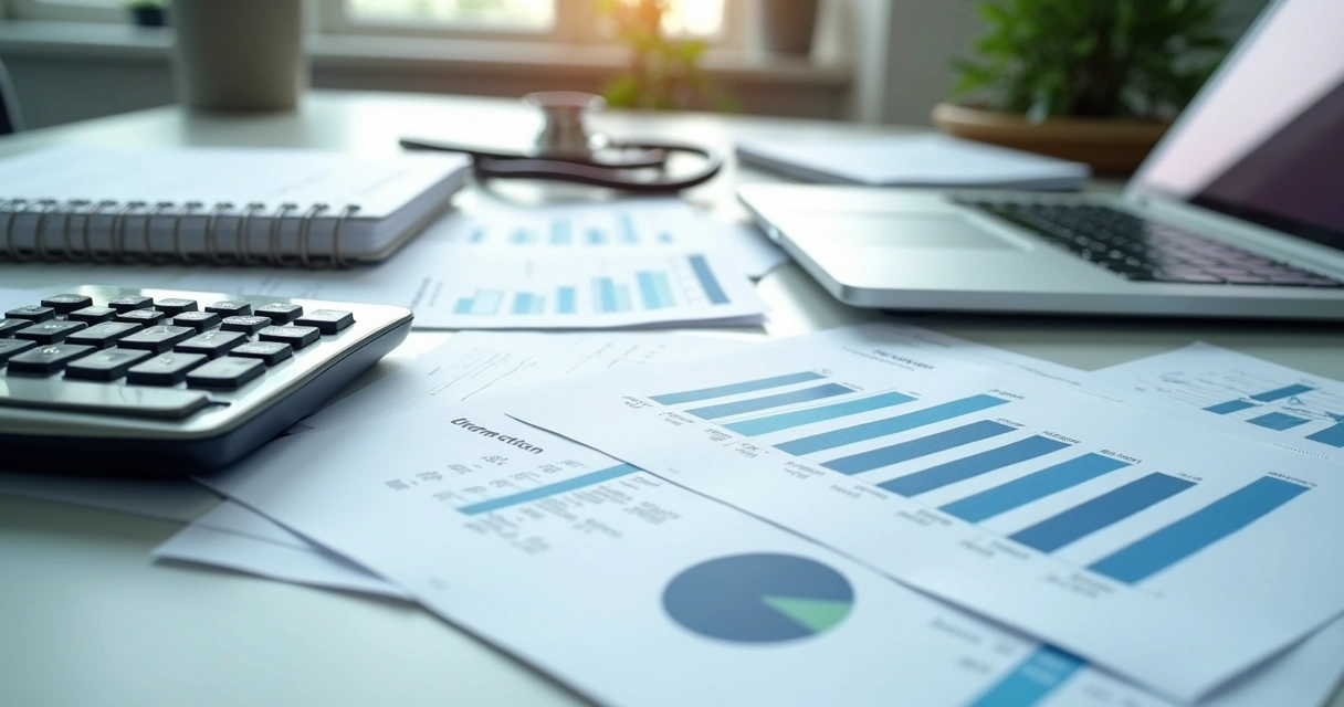 Planilha financeira com calculadora e documentos de clínica médica