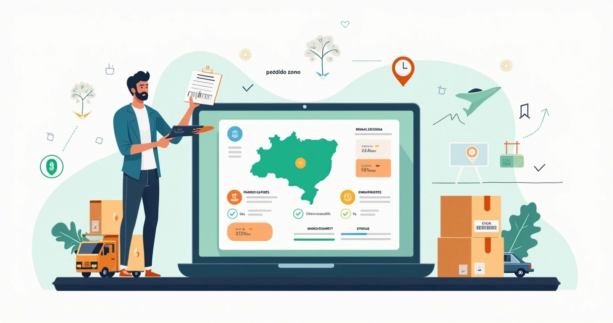 Ilustração de lojista calculando frete e prazos em plataforma de ecommerce 
