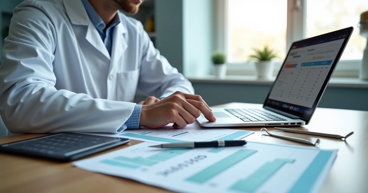 Profissional odontológico calculando custos e preços em uma planilha digital, com computador e tablet na mesa de trabalho 