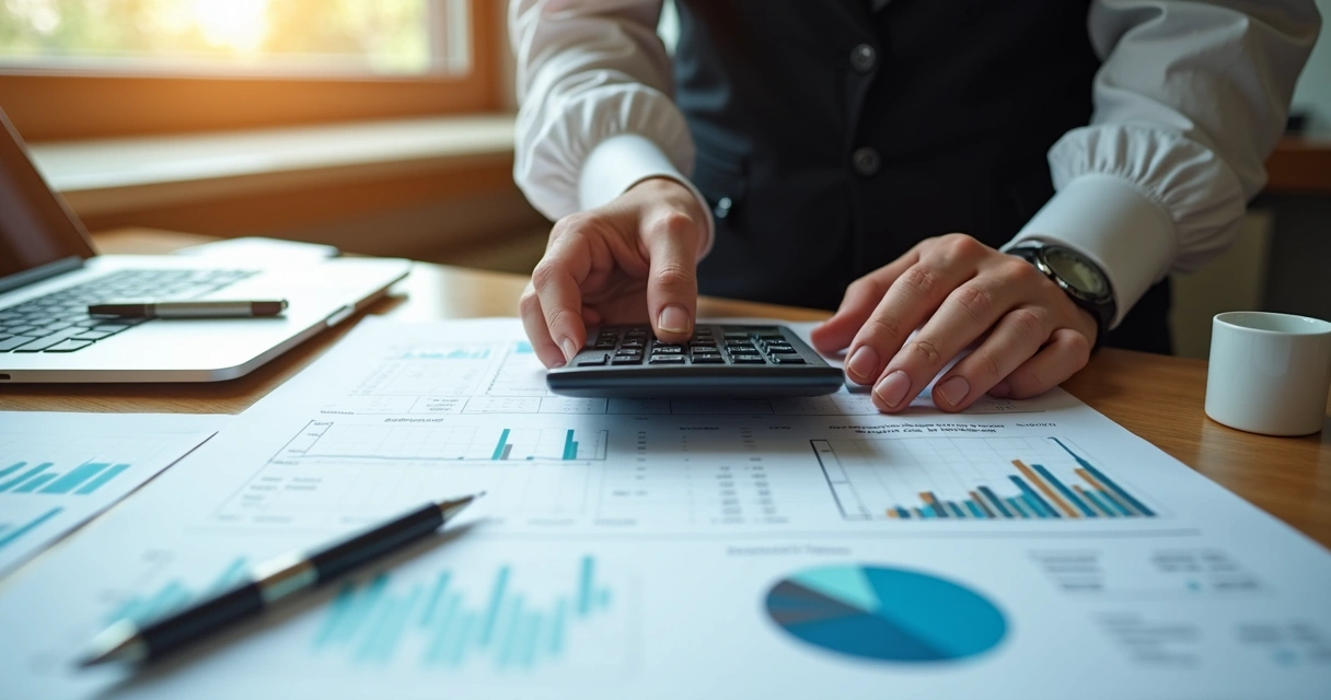 Mãos segurando calculadora sobre mesa com contrato de aluguel, gráficos financeiros e planilhas ao redor 