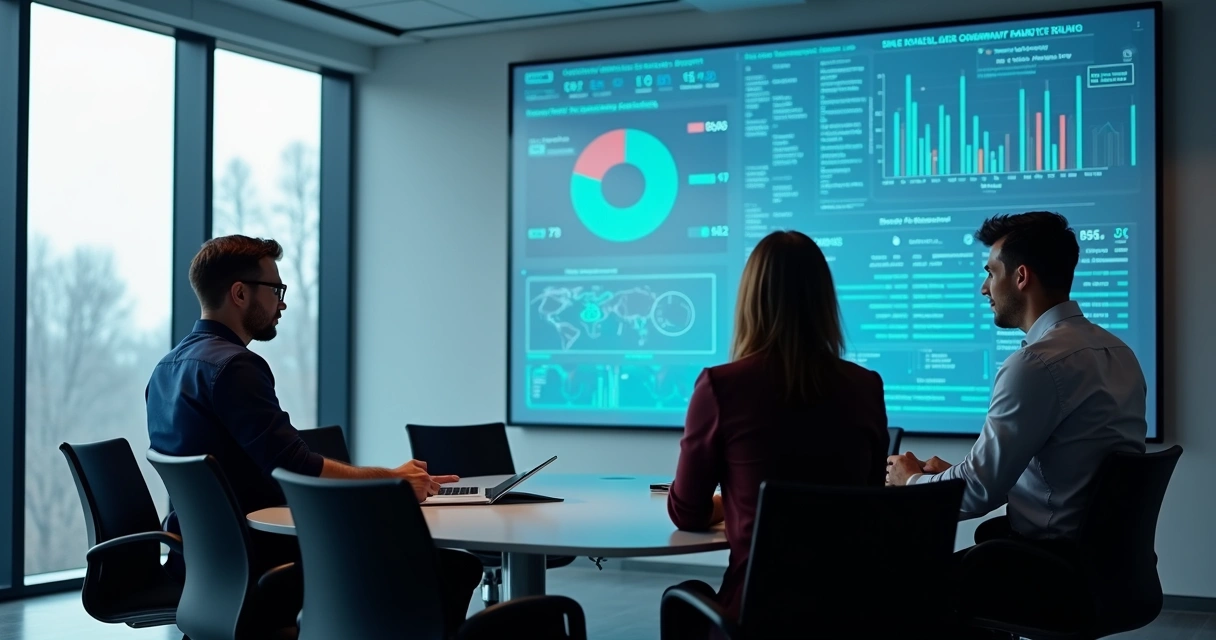 Equipe analisando gráficos financeiros e fluxos em sala de reunião 