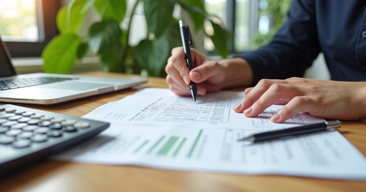 Pessoa calculando imposto sobre aluguel com documentos e calculadora na mesa 