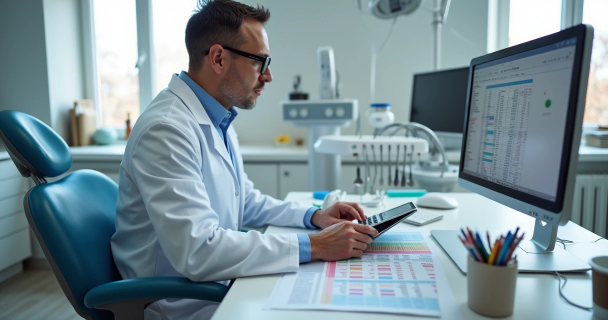 Dentista calculando impostos com planilha no consultório