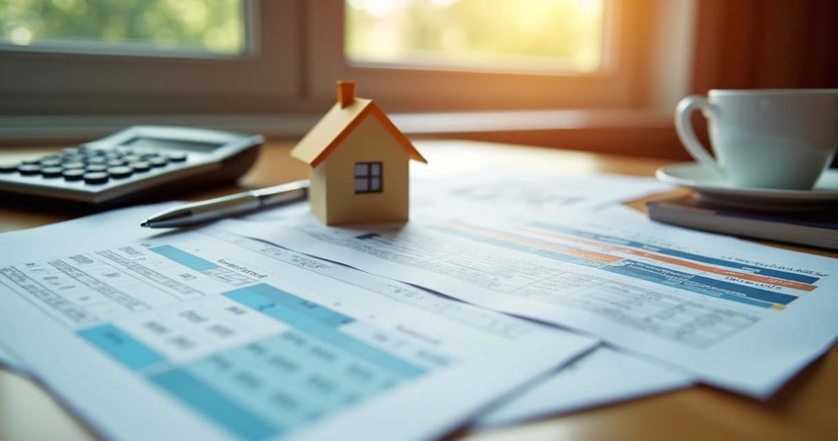 Documentos e calculadora sobre mesa de escritório, papéis indicando cálculos de tributos imobiliários 