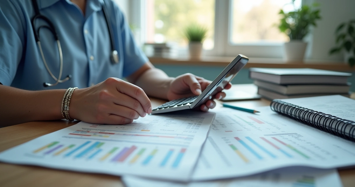 Contador calculando impostos com relatórios e calculadora em mesa de clínica 