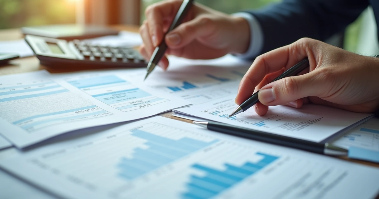 Calculadora e notas fiscais sobre mesa de escritório 