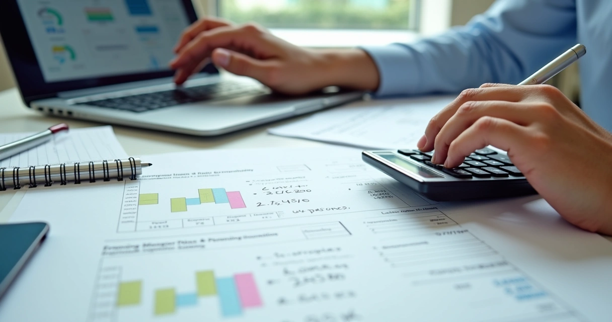 Pessoa calculando impostos de engenharia com calculadora e planilhas. 