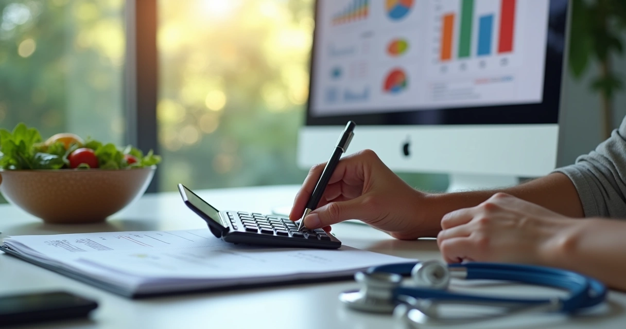 Cálculo de impostos em tela de computador, nutricionista analisando gráficos financeiros