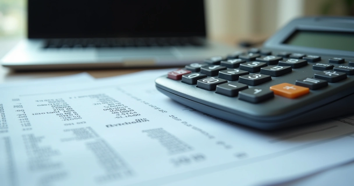 calculadora e notas fiscais simulando cálculo de impostos para prestadores de serviço, planilhas ao fundo. 