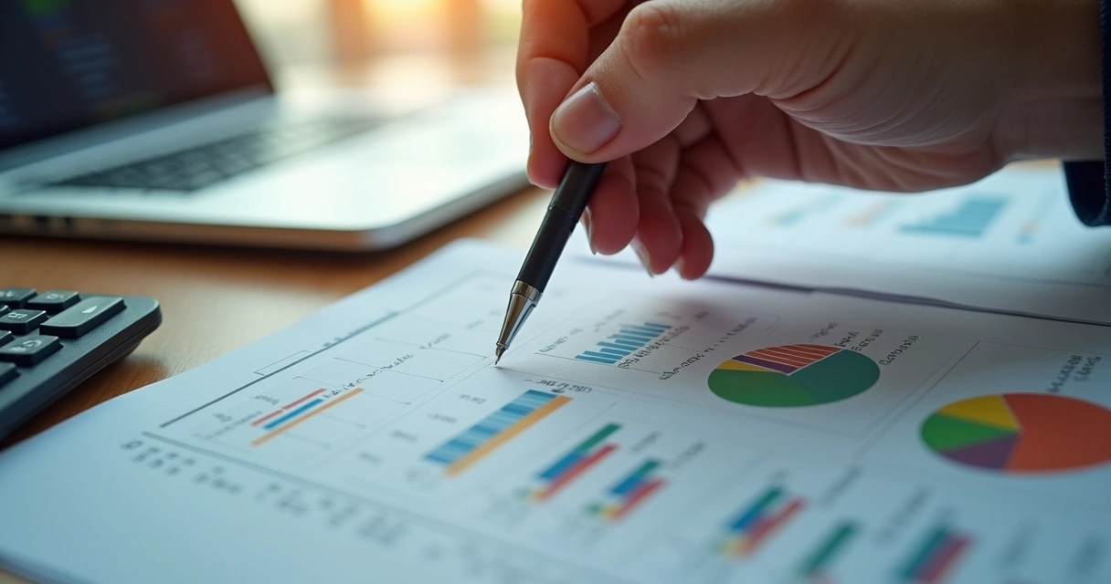 Mão segurando caneta calculando índices de reajuste de aluguel em planilha digital com gráficos e contratos ao fundo 