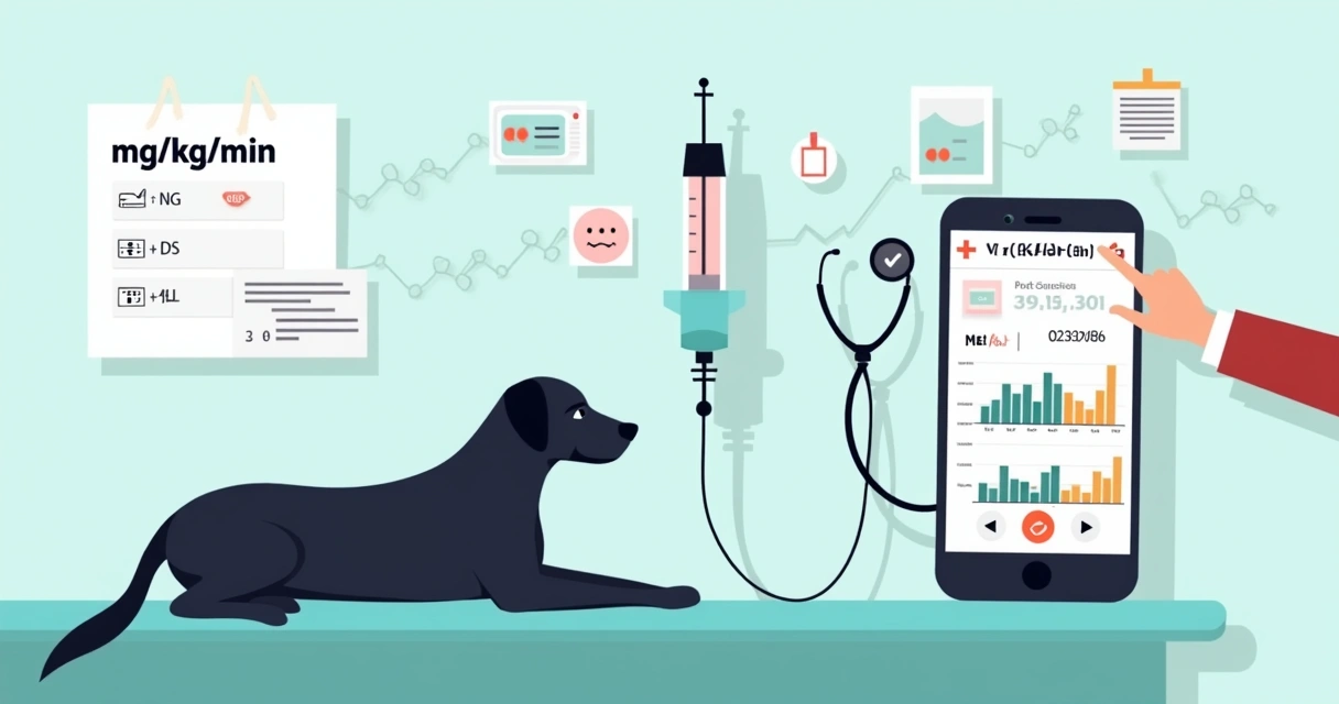 Infusão contínua veterinária com bomba de seringa ao lado de diagramas de cálculo em clínica 