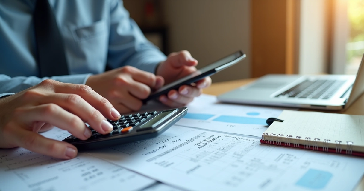 Pessoa analisando documentos de IPTU com calculadora 