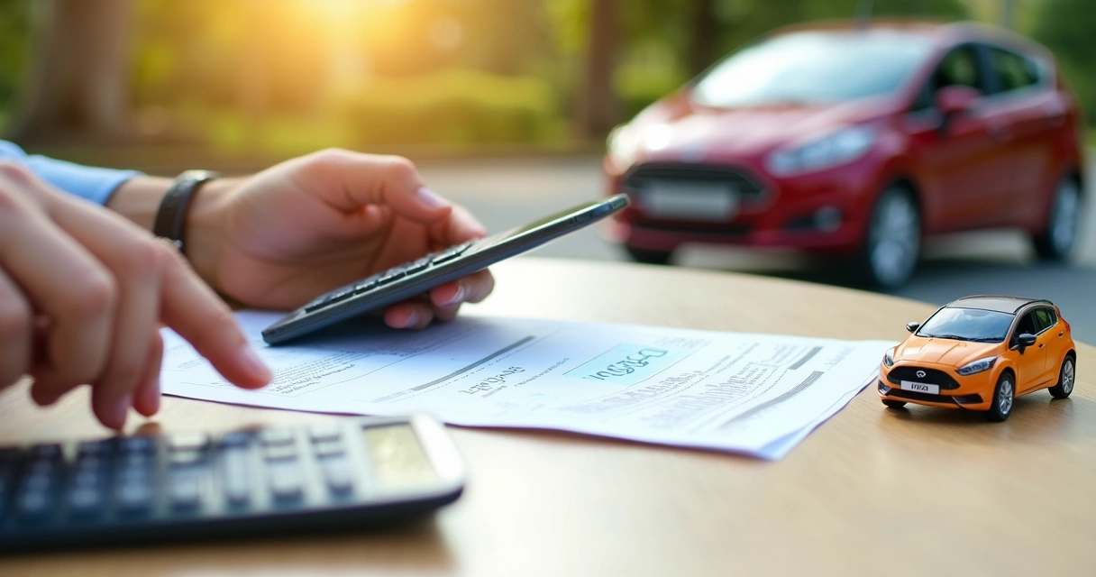 Pessoa fazendo contas de IPVA com celular, papel e caneta ao lado do carro 