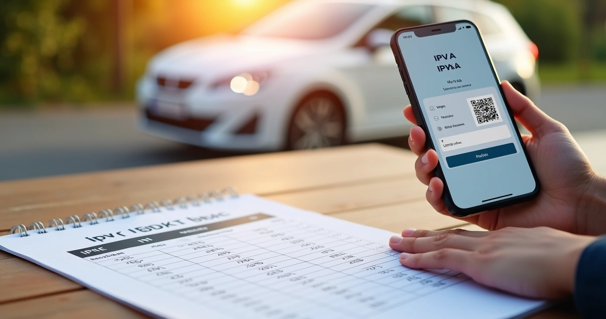 Mãos segurando um smartphone exibindo cálculo do IPVA com tabela FIPE ao lado, carro estacionado ao fundo 